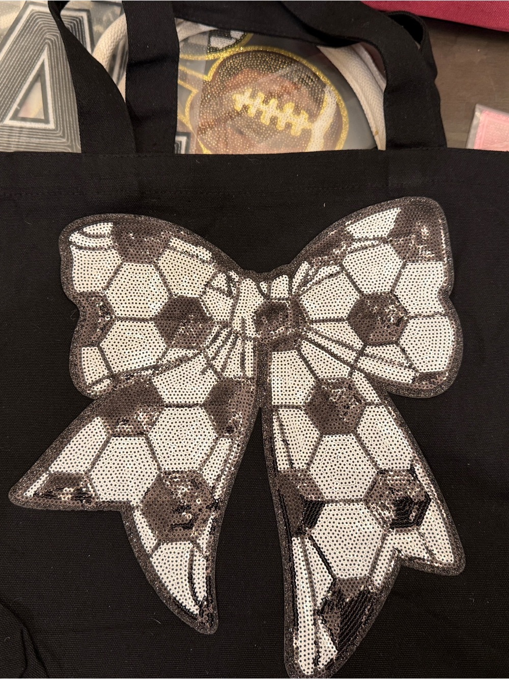 Black Tote Bag with Sequined Silver Bow Accent